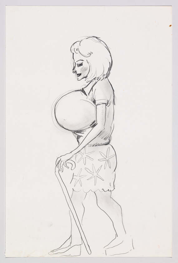 Woman with exaggerated large breasts walks with a cane wearing a star-patterned skirt.