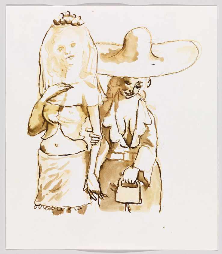Two women stand side by side in a loose brown ink drawing, one wearing a large hat.