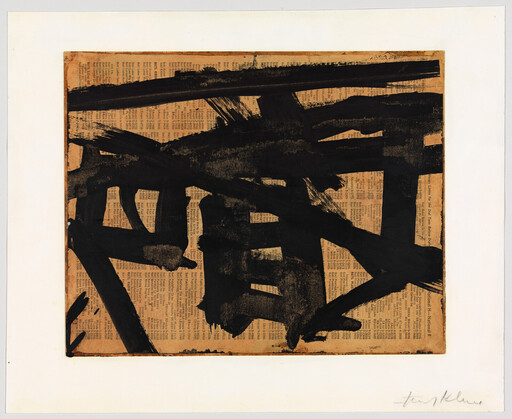 Thick black brushstrokes cover a yellowed newspaper page mounted on a white mat.