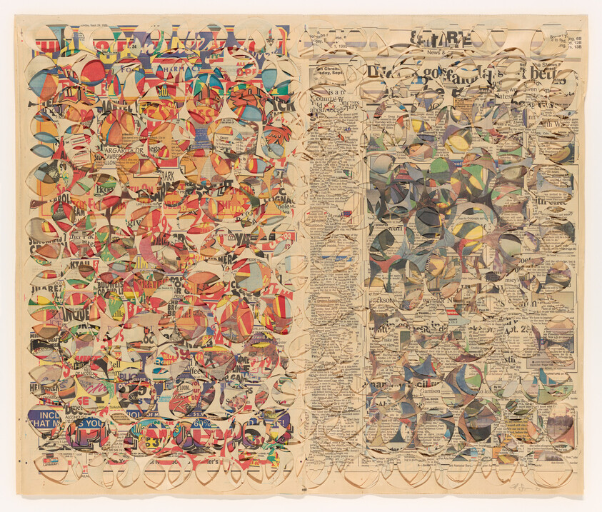 Two newspaper pages punched with overlapping circular cutouts revealing colorful collage fragments across the paper.