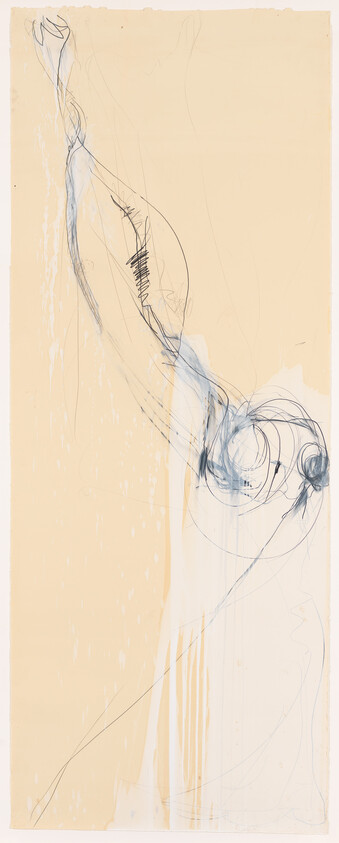 A loose pencil and ink sketch of a long arm reaching upward from a rounded shoulder.