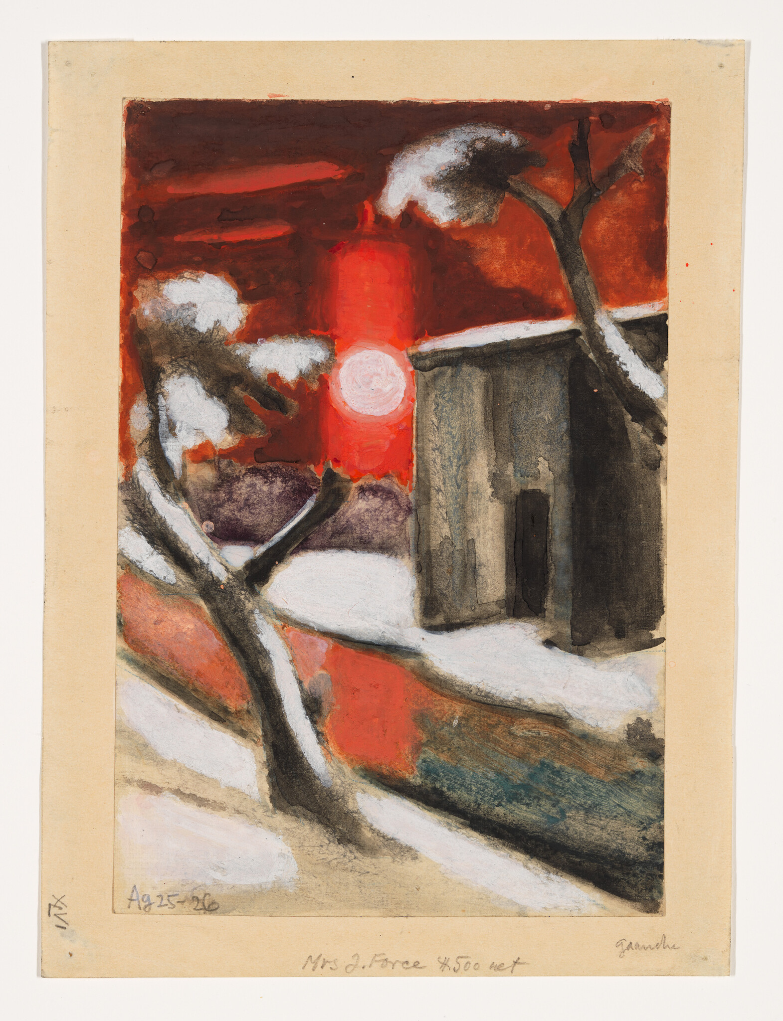 Snow-covered trees and a barn beside a red sun reflected in a partially frozen stream.