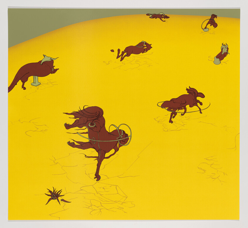 Several brown bulls buck and struggle against ropes on a wide yellow ground.