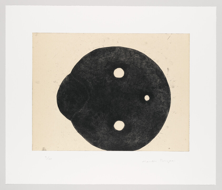 A large irregular black circle with three circular holes on a beige background centered on a white mat.