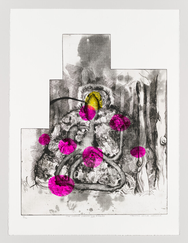 This is an artwork featuring a complex composition with abstract and figurative elements. The central part of the image shows a grayscale, detailed drawing that includes organic shapes resembling a landscape or biological forms. Overlaying this drawing are several bright pink, circular shapes that appear to be painted or printed on top of the black and white image. The artwork has a rough, textured appearance and includes some areas where the image is faded or less defined, contributing to a sense of depth and layering. The bottom of the artwork contains text that reads "THE LEGEND SWEATS AND BUBBLES" and the artist's name "TRENTON DOYLE HANCOCK."