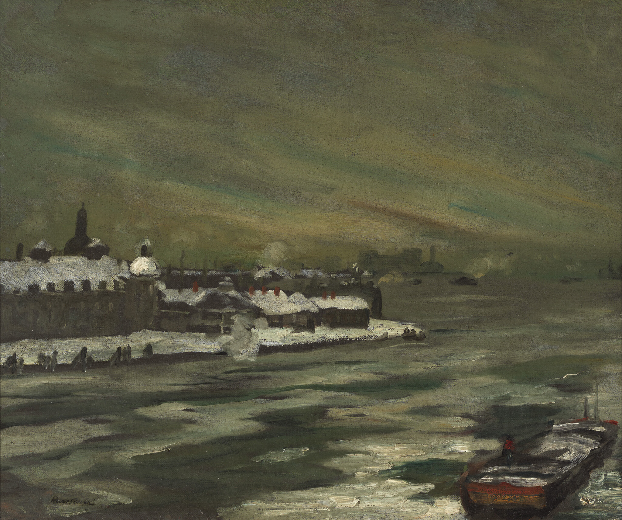 A snowy riverside town under a greenish sky with a lone barge moving through dark waters.