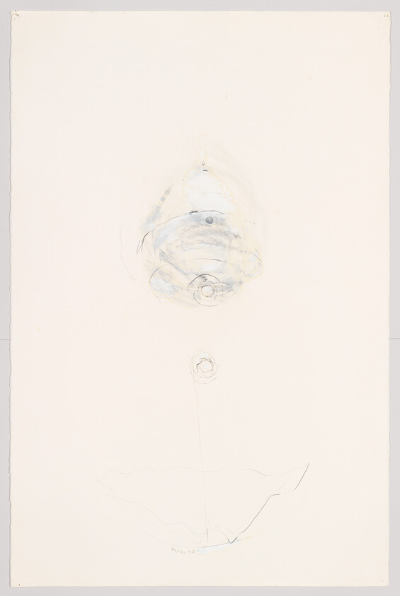 Faint pencil and watercolor sketch of a hanging bell-like form with a thin stem and curved base.