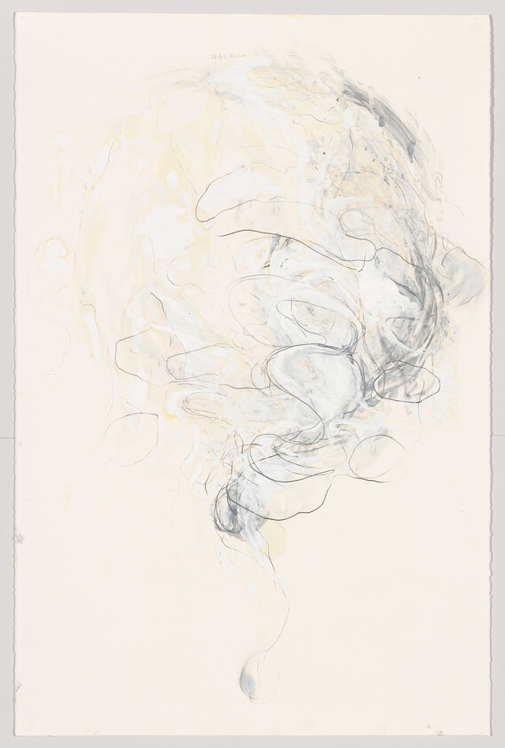Delicate swirling pencil and wash lines form a wispy, smoke-like abstract shape on paper.