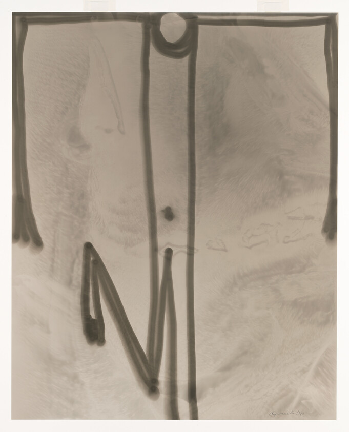 Abstract artwork with thick vertical and diagonal dark strokes forming a stick-figure-like shape.