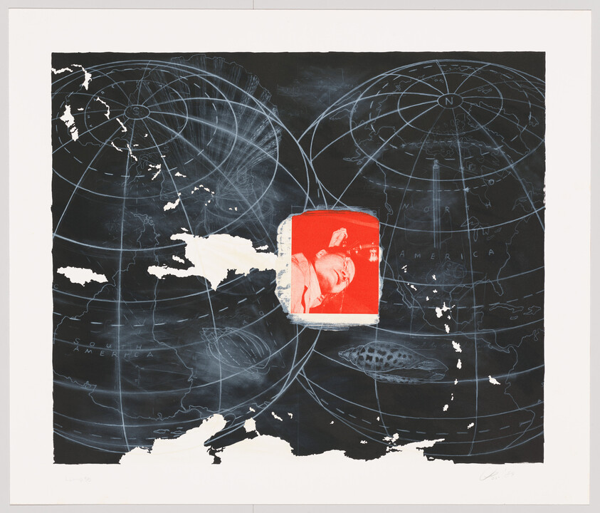 Dark world map with white latitude lines and a red square showing a reclining man's face.
