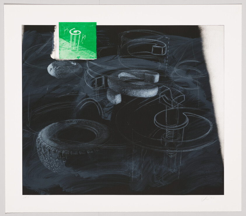 Several tires and circular mechanical parts sketched in white on a dark background with a green square.