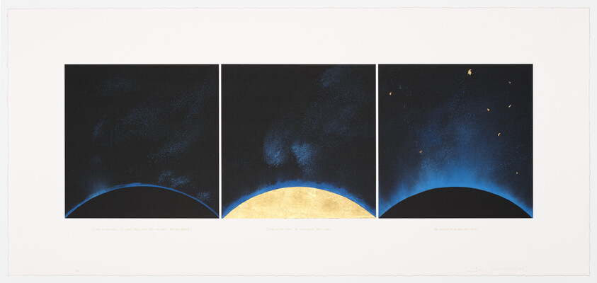 A triptych of dark blue panels with a golden crescent at the bottom of each, representing a night sky with stars. The left panel has a caption "Come to the edge," he said. "They said, 'No, we can't. We are afraid.'" The middle panel continues with "Come to the edge," he said again. "They came." The right panel concludes with "He pushed them and they flew." The artwork has a white border with artist's signature and edition number at the bottom.