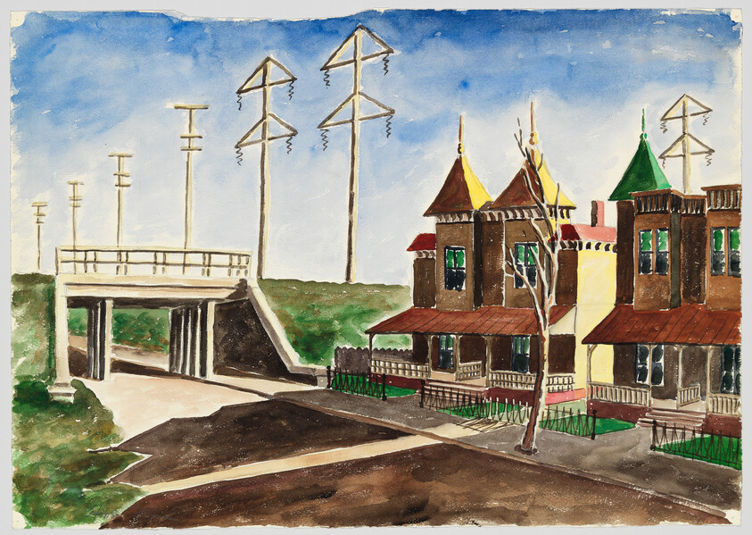Victorian-style houses with towers stand beside a road and bridge under tall power lines.