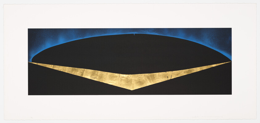 A wide black semicircle with a gold v-shaped stripe and a soft blue halo above.
