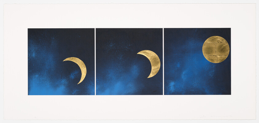 Three panels showing a golden moon transitioning from crescent to full against a deep blue sky.