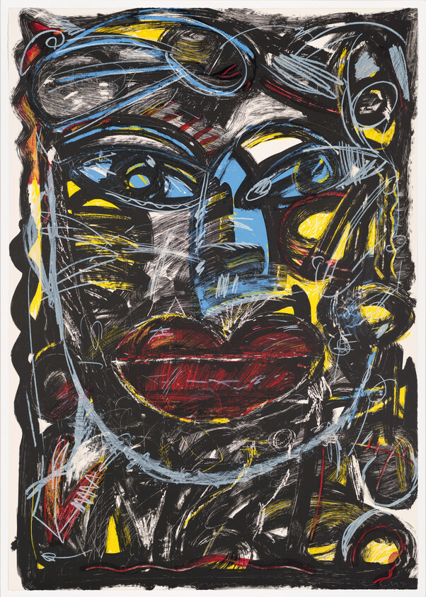 Large abstract face with bold red lips and blue and yellow brushstrokes across a black background.