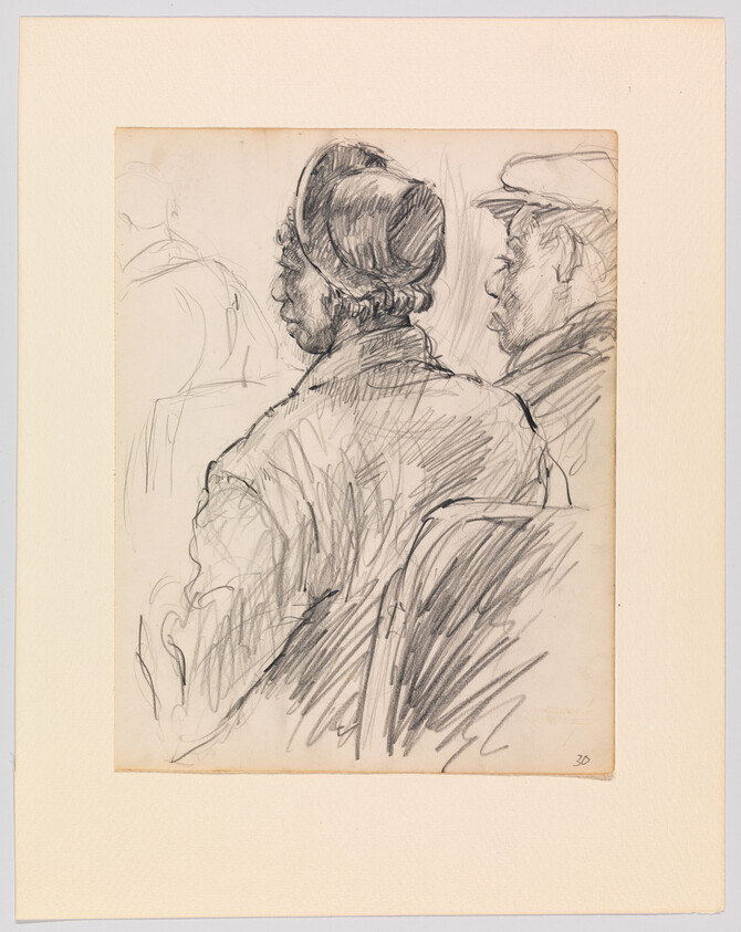 Two people sit side by side, sketched from behind, one wearing a cap and the other a beanie.