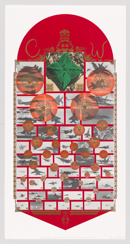 Vertical collage of military aircraft photos overlaid with red circles and a central green emblem.