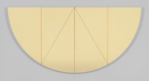 A large pale semicircular panel with thin black lines dividing it into vertical sections and a central triangle.