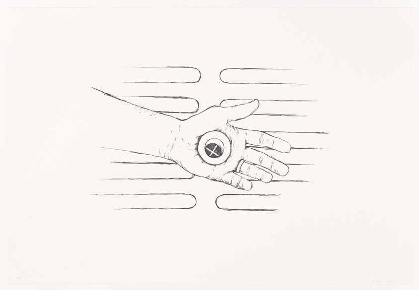 A black and white sketch of an open human hand with a circular watch-like object in the center of the palm, featuring an X symbol on its face. The background consists of horizontal lines suggesting motion or speed.