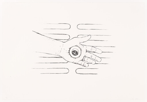 A hand holds a round button with an X in the palm above horizontal slits.
