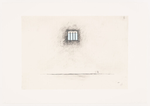 Small barred window high on a blank wall with faint shadow and a thin horizon line.
