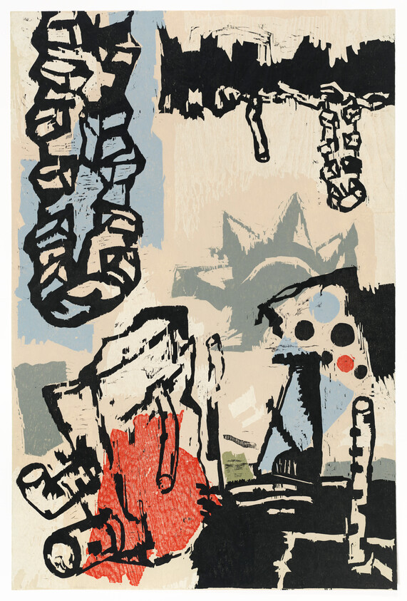 Abstract composition with hanging chain-like shapes, a red circular form, and jagged black outlines.