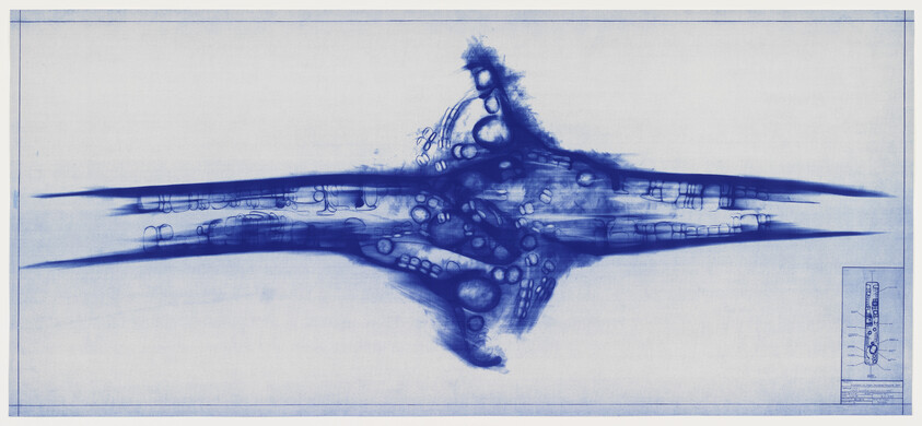A cyanotype blueprint of a mechanical design, featuring a central, intricate structure with various circular and tubular components, flanked by elongated elements that extend horizontally across the image. The blueprint has annotations and a diagram with text and measurements on the bottom right corner, indicating it is a technical drawing for engineering or architectural purposes.