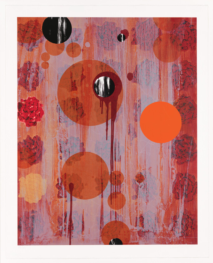 Abstract painting with large orange circles and dark drips over a textured red and purple background.