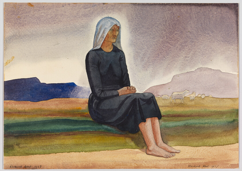 An older woman in a dark dress and white headscarf sits barefoot on a grassy bank, sheep grazing behind.