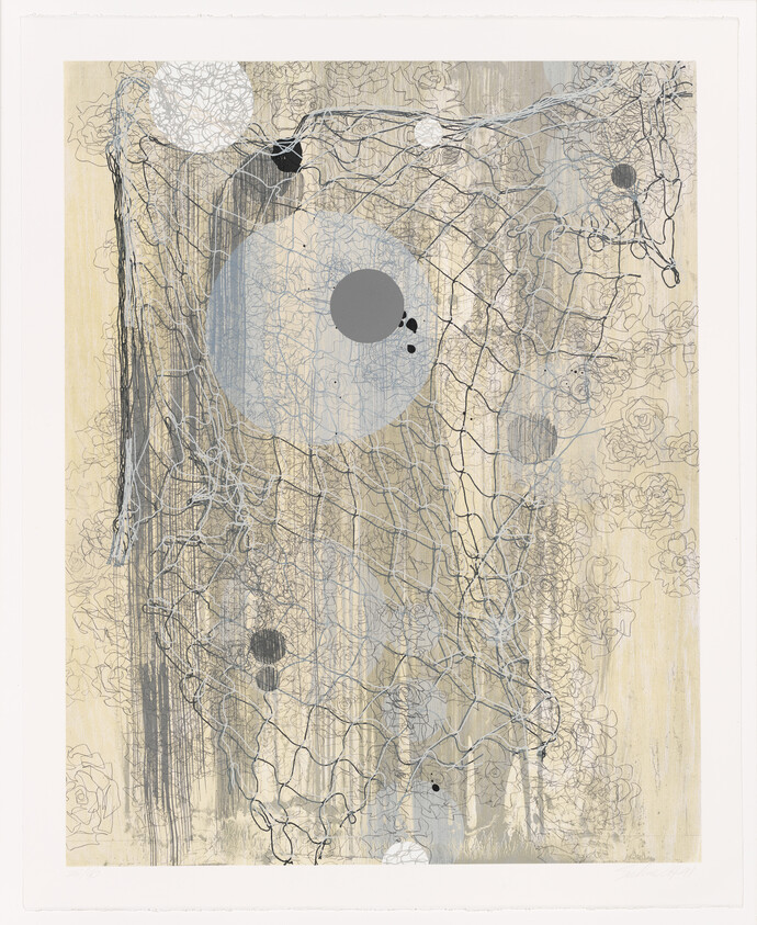 Abstract composition of tangled net-like lines and circular shapes over a muted beige background.