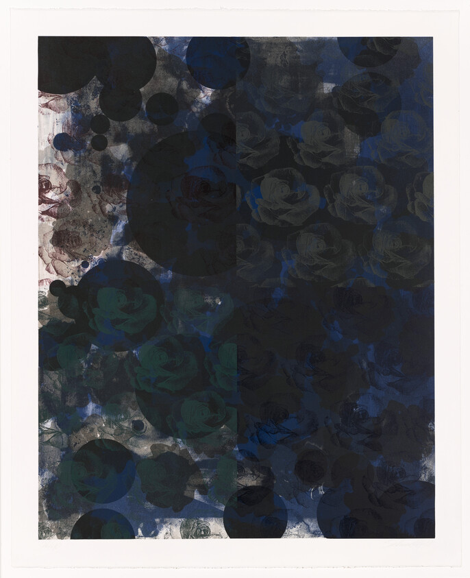 Dark abstract composition with overlapping black circles and subtle rose patterns.