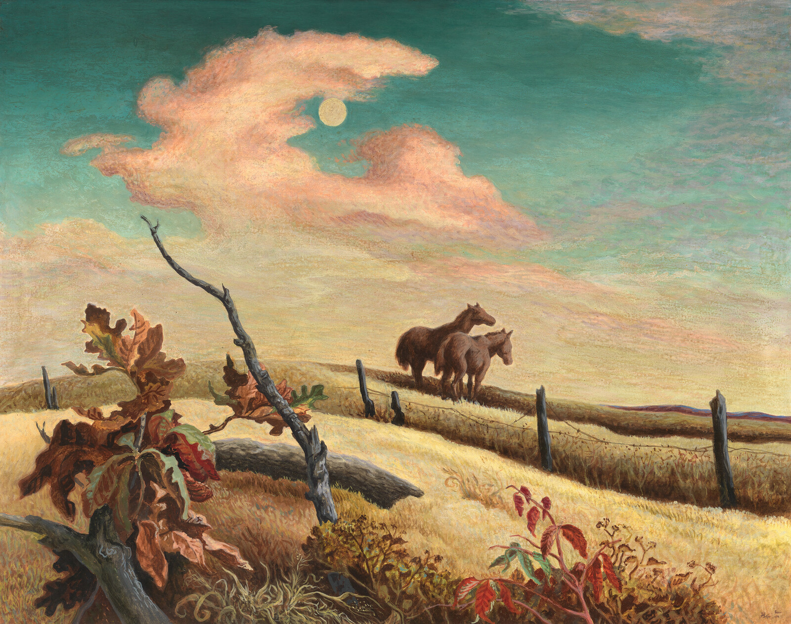 Two horses stand together on a grassy ridge near a weathered fence under a moonlit sky.