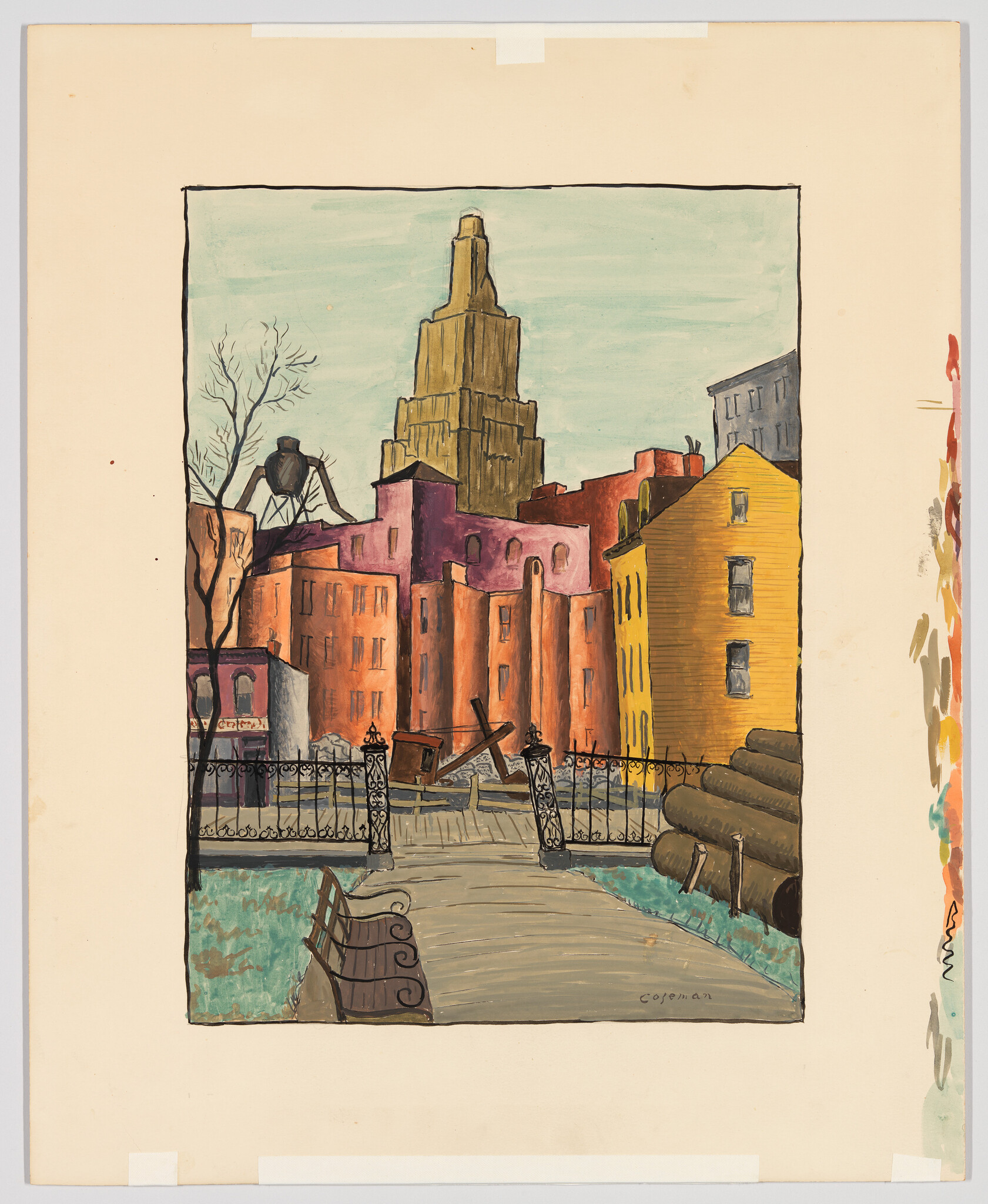 A park path and bench lead through a wrought-iron gate toward colorful rowhouses and a tall skyscraper.