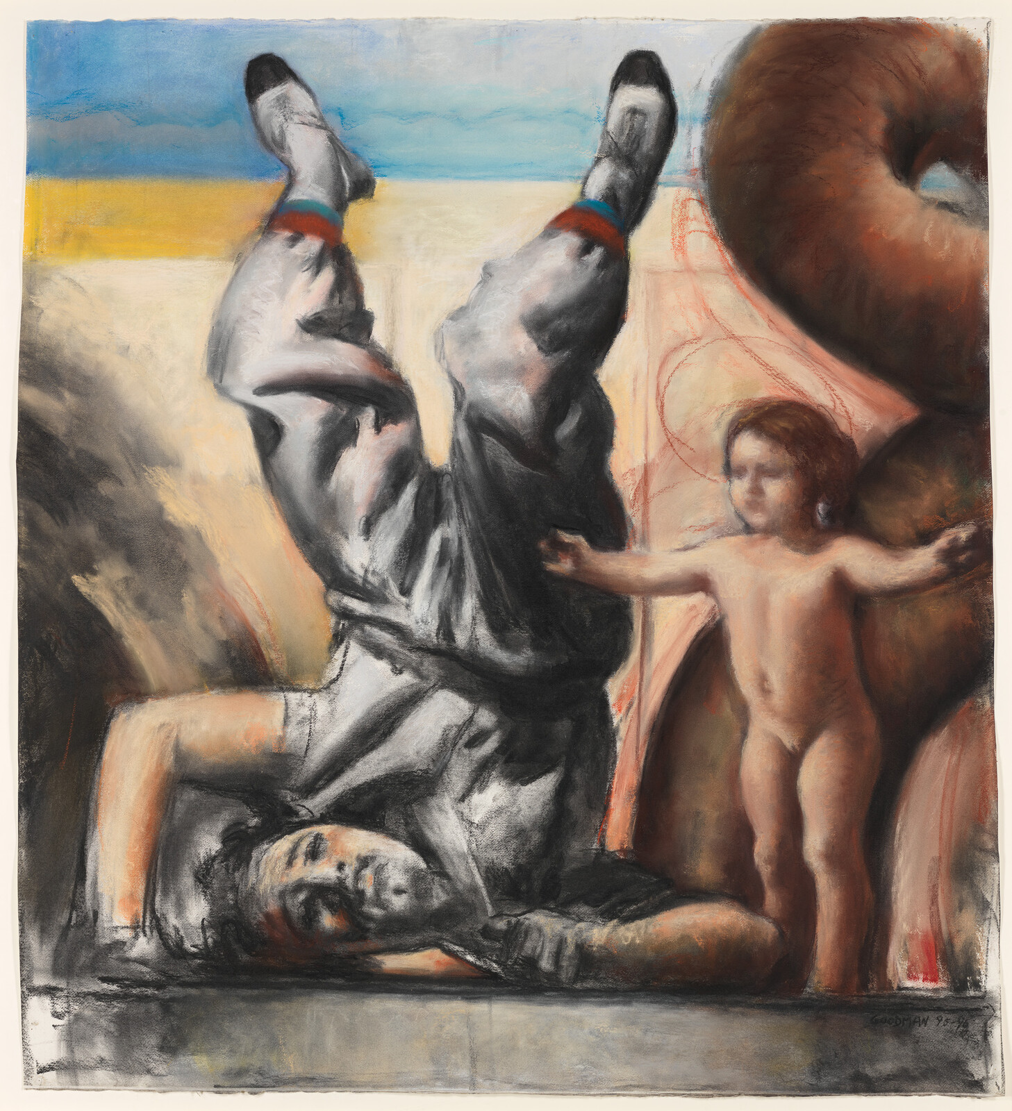 This image depicts an expressive painting with a surreal composition. In the foreground, there is a figure lying on their back with legs raised and crossed at the ankles, wearing red socks and black shoes. The figure's face is visible, eyes closed, suggesting a state of unconsciousness or rest. To the right, a small, naked child-like figure stands with arms outstretched, facing away from the viewer, towards a large, brown lifebuoy. The background features a stark contrast between the sandy yellow-brown earth and a blue sky. The artwork is signed in the bottom right corner.