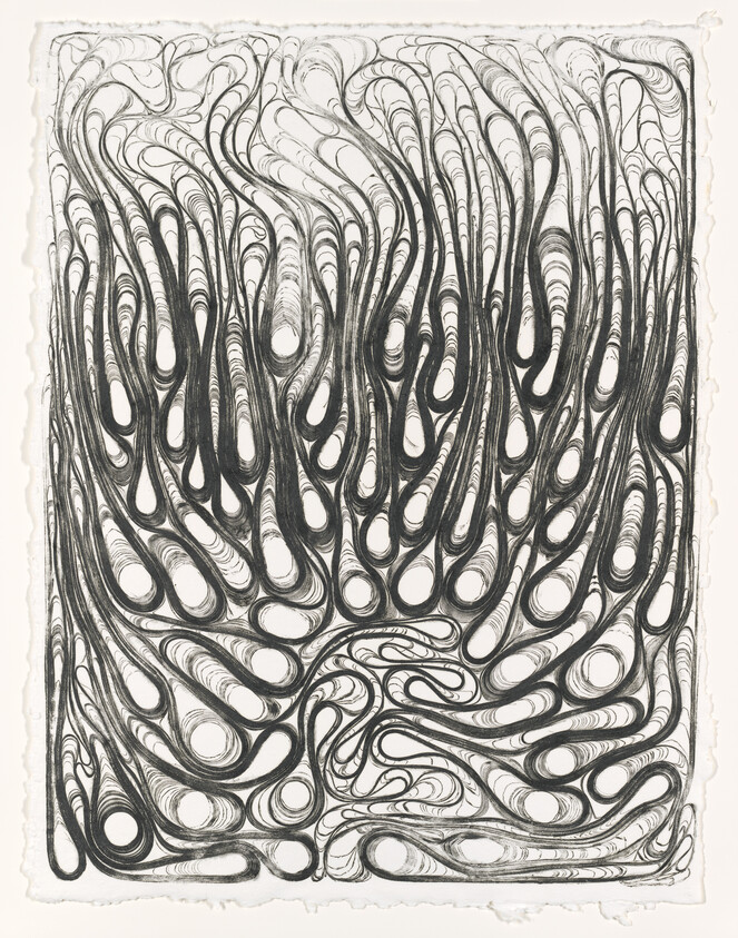 An intricate black and white abstract etching featuring a dense array of swirling lines and loops that create a mesmerizing, organic pattern on a textured paper background.