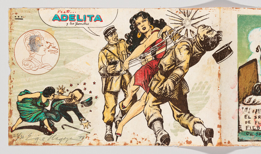 A dramatic comic scene shows Adelita in a red dress fighting and knocking out soldiers, with the title Adelita.