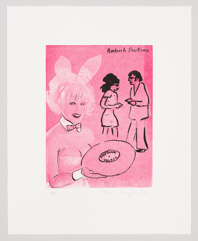 A woman wearing bunny ears and a bow tie holds a record while two people talk.