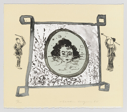 A woman's face peeks from water inside a circular frame while two men look with handheld telescopes.