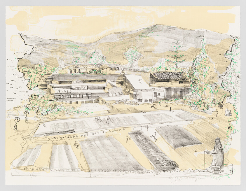 Coffee hacienda and drying grounds with workers spreading beans in front of multi-level farm buildings.