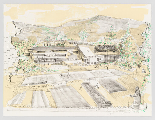 Coffee hacienda and drying grounds with workers spreading beans in front of multi-level farm buildings.