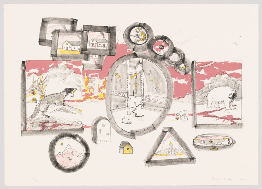 Collage of sketches showing animals, landscapes, houses, and a central ornate doorway.