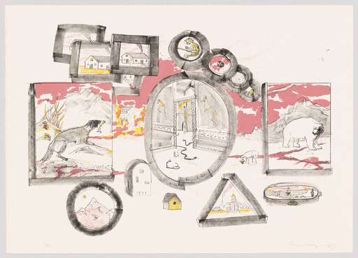 Collage of sketches showing animals, landscapes, houses, and a central ornate doorway.
