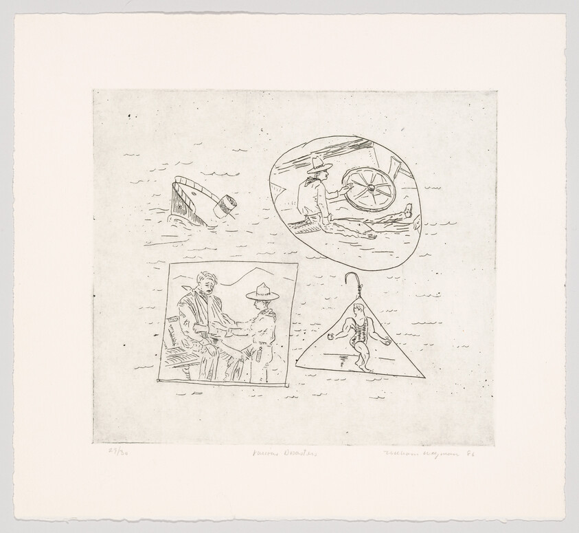Four small line drawings depict a sinking boat, a man with a broken wheel, seated figures, and a hanging figure.