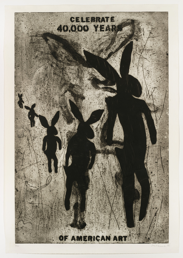 A line of five humanoid figures with rabbit heads receding in space with the words "Celebrate 40,000 years of American Art".