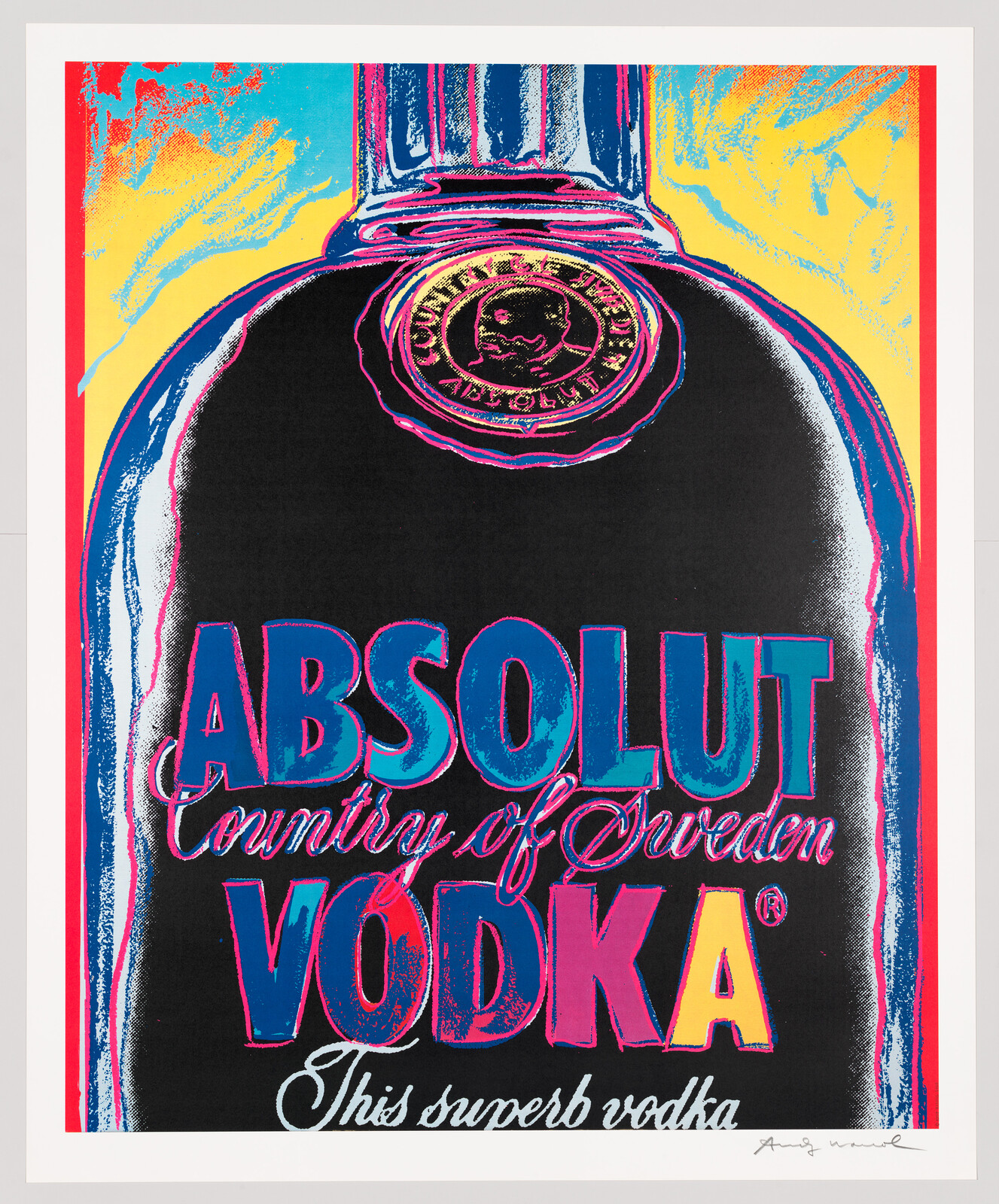 A vibrant, pop art-style depiction of an Absolut Vodka bottle with bold text stating "ABSOLUT Country of Sweden VODKA" and "This superb vodka" in bright pink and blue colors against a black background, framed by a red and yellow border. The artwork has a signature in the bottom right corner.