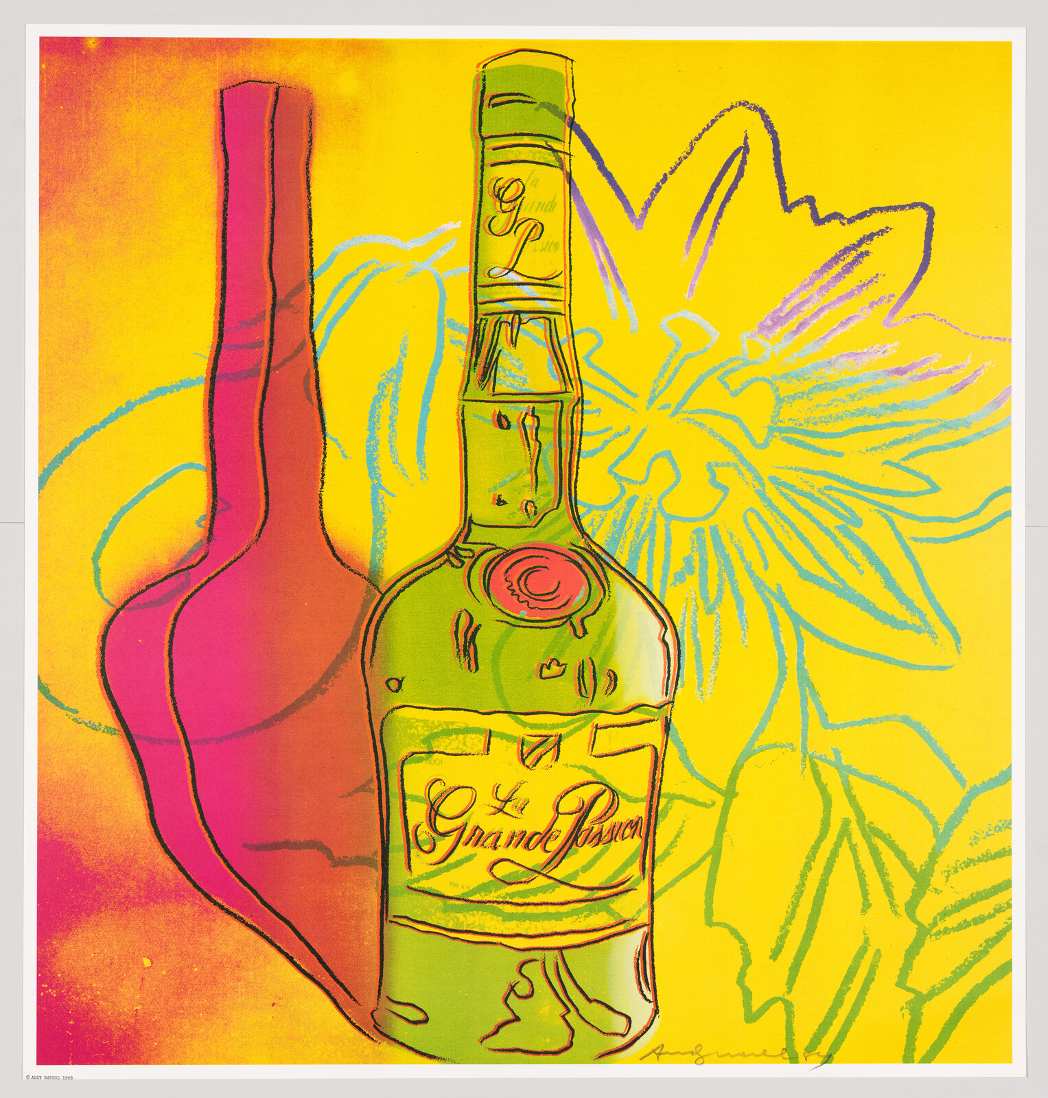 A vibrant, pop art-style print featuring a colorful bottle labeled "La Grande Passion" in the center, with a stylized hand and flower in the background, rendered in bright yellow, pink, and green hues.