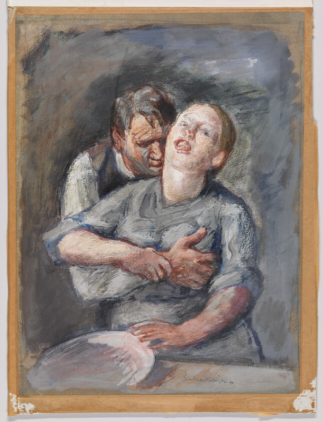 A man performs a choking rescue on a woman who leans back, with a plate on the table.