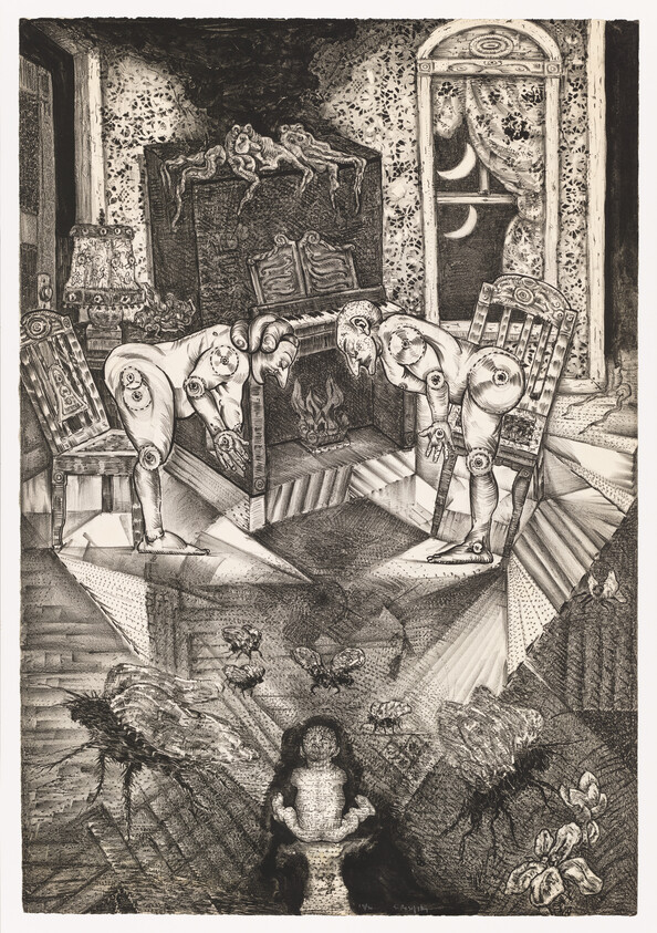 Two puppet-like figures lean toward a fireplace while a doll sits on the floor amid insects.