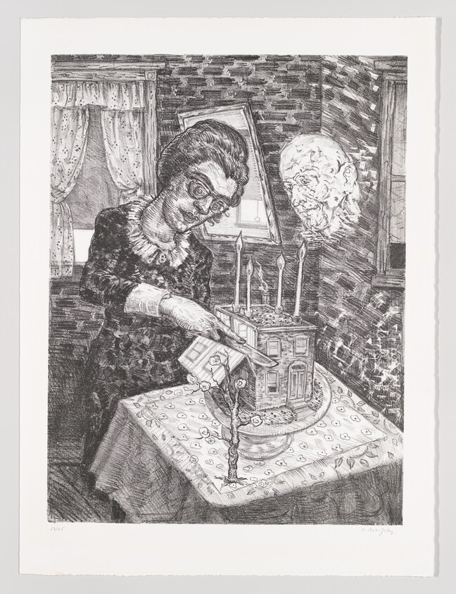 An elderly woman slices a dollhouse cake with candles while a ghostly face watches.